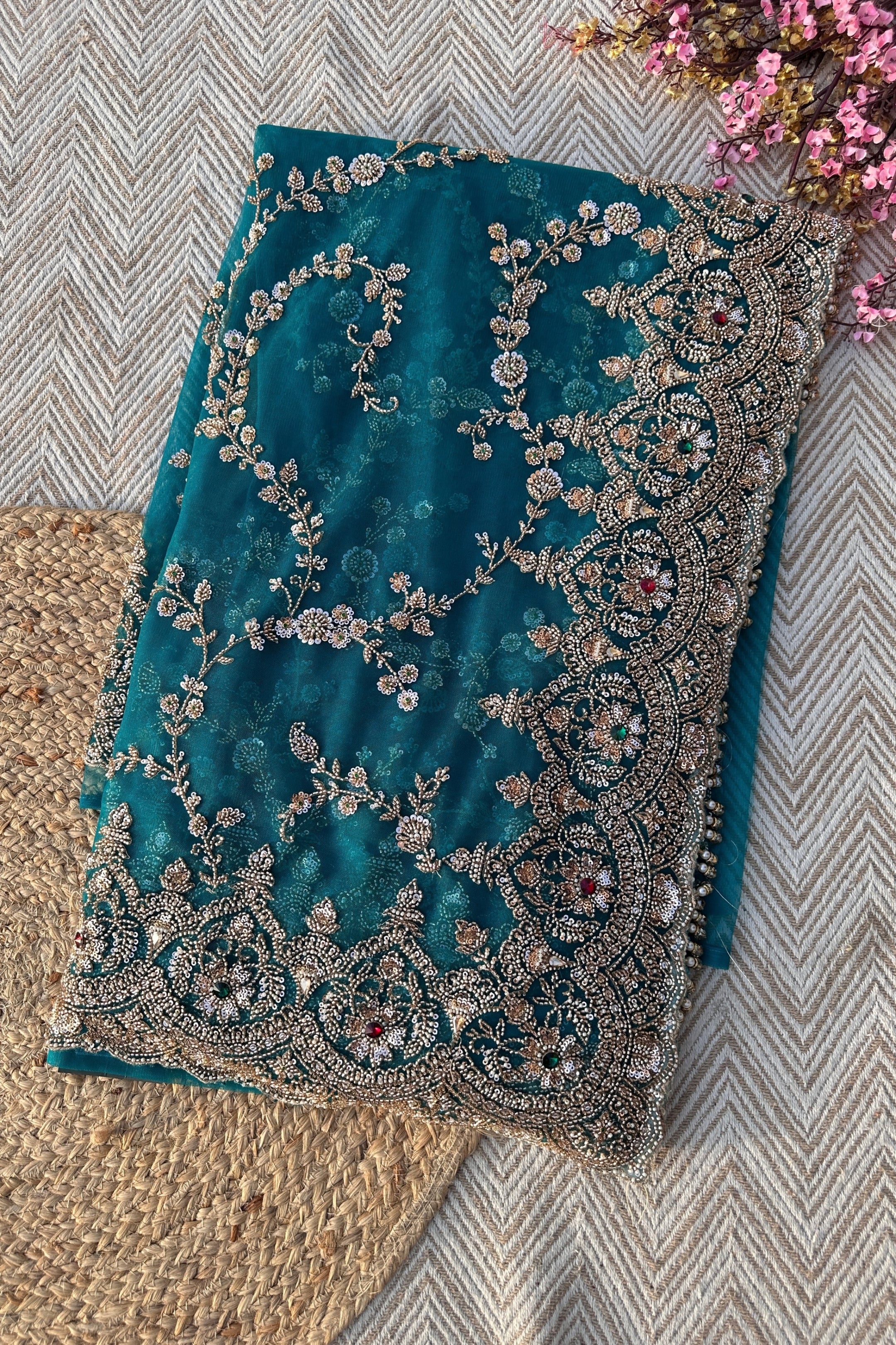 Turquoise Net Saree Embellished With Cut Dana, Sequins & Moti Work