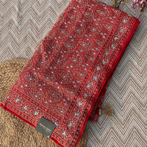 Red Satin Unstitched Saree with Dupatta Embellished with Zarkan, Dabka, Mirror, Sequins & Cutdana work