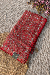 Red Satin Unstitched Saree with Dupatta Embellished with Zarkan, Dabka, Mirror, Sequins & Cutdana work