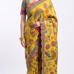 Yellow Silk Banarasi Saree Embellished With Mirror, Zarkan, Thread & Zari Work