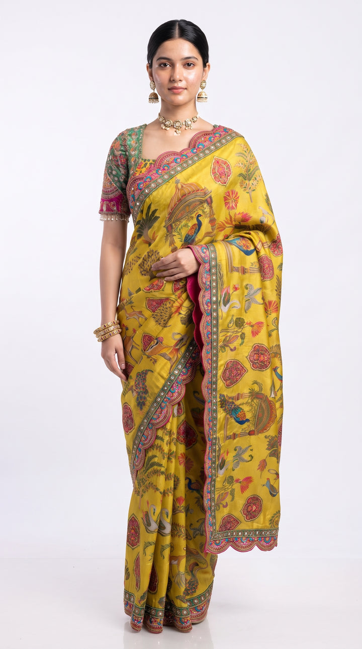 Yellow Silk Banarasi Saree Embellished With Mirror, Zarkan, Thread & Zari Work