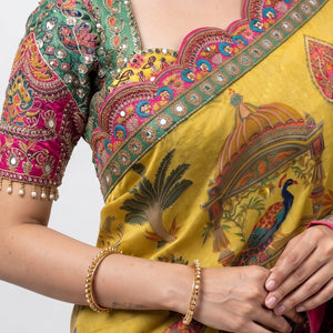 Yellow Silk Banarasi Saree Embellished With Mirror, Zarkan, Thread & Zari Work