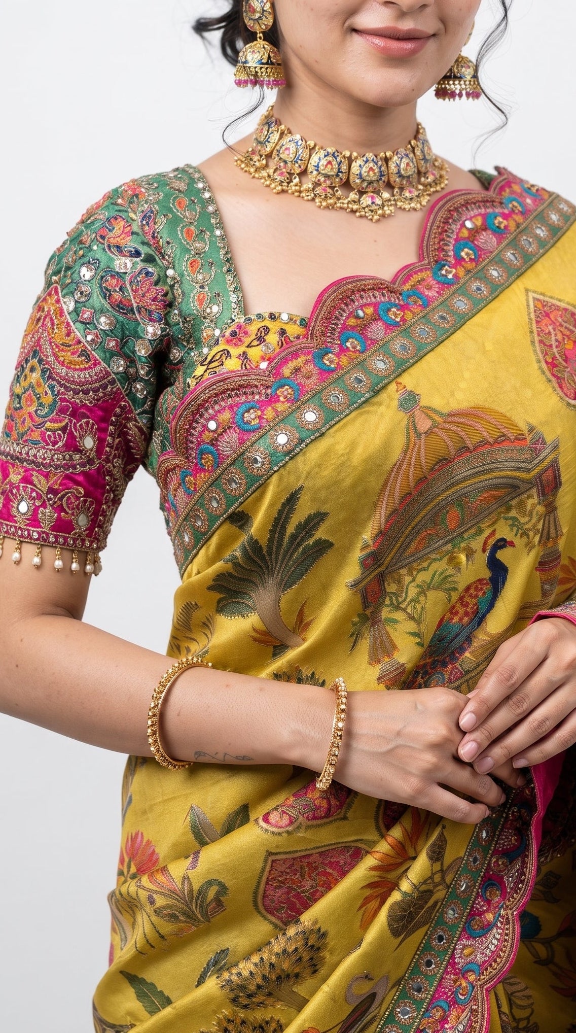 Yellow Silk Banarasi Saree Embellished With Mirror, Zarkan, Thread & Zari Work