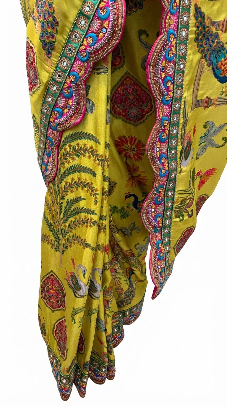 Yellow Silk Banarasi Saree Embellished With Mirror, Zarkan, Thread & Zari Work