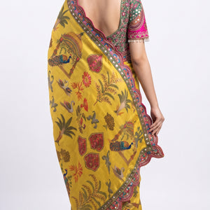 Yellow Silk Banarasi Saree Embellished With Mirror, Zarkan, Thread & Zari Work
