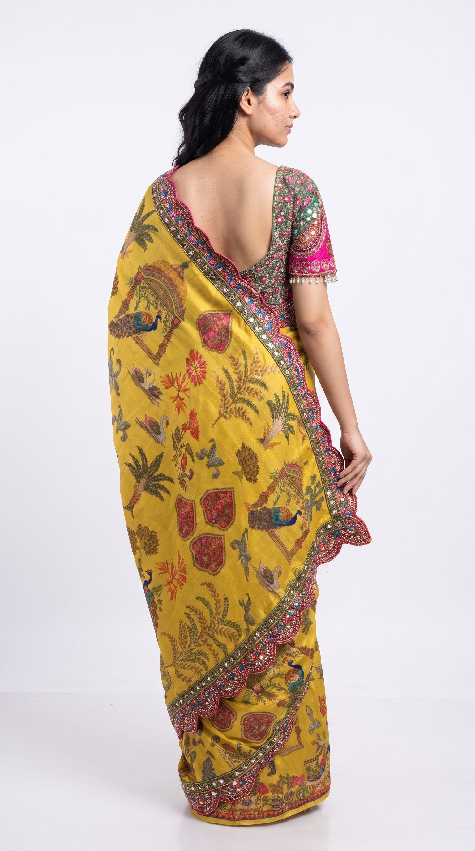 Yellow Silk Banarasi Saree Embellished With Mirror, Zarkan, Thread & Zari Work