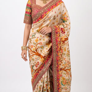 Beige Banarasi Silk Saree Embellished With Cut Dana, Zari,  Sequins & Moti Work