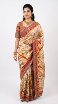 Beige Banarasi Silk Saree Embellished With Cut Dana, Zari,  Sequins & Moti Work