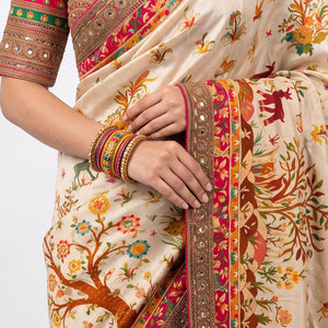 Beige Banarasi Silk Saree Embellished With Cut Dana, Zari,  Sequins & Moti Work