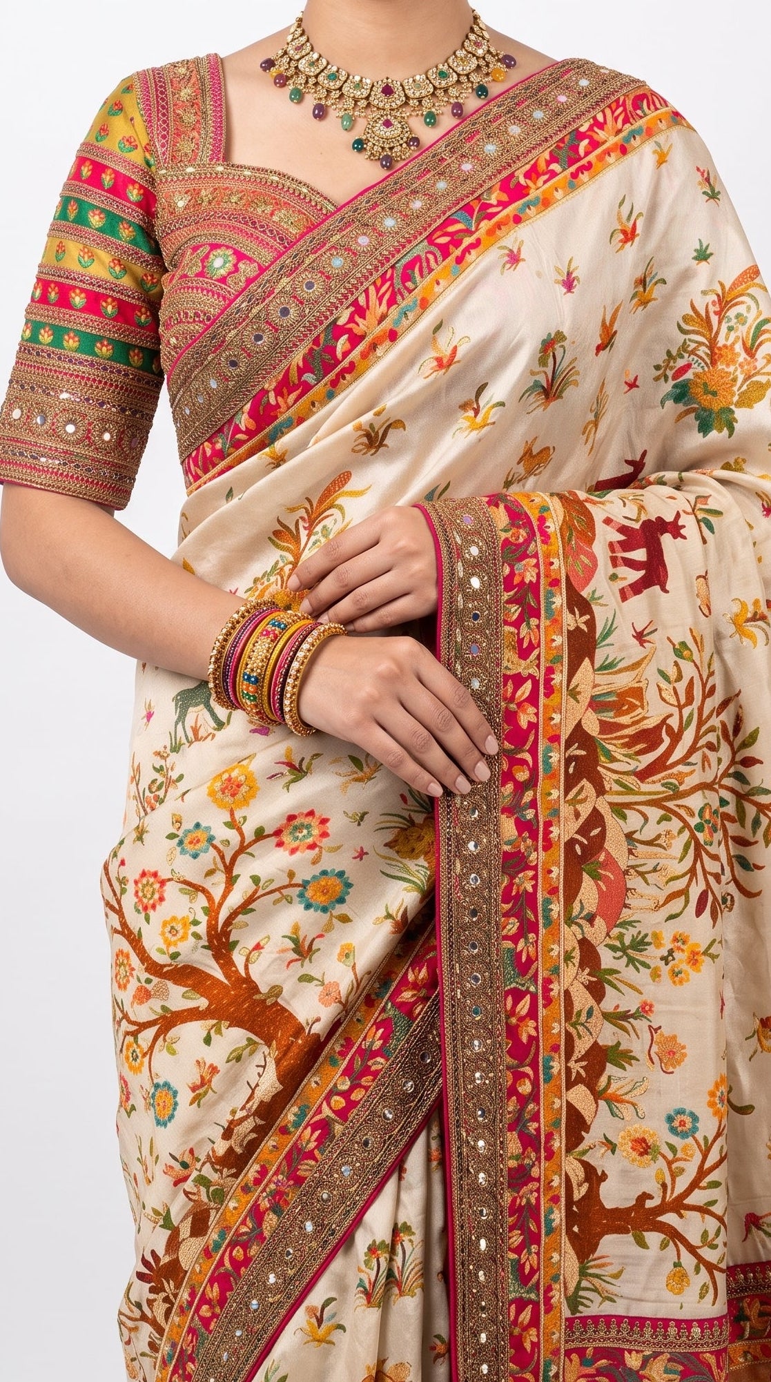 Beige Banarasi Silk Saree Embellished With Cut Dana, Zari,  Sequins & Moti Work