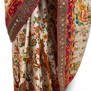 Beige Banarasi Silk Saree Embellished With Cut Dana, Zari,  Sequins & Moti Work