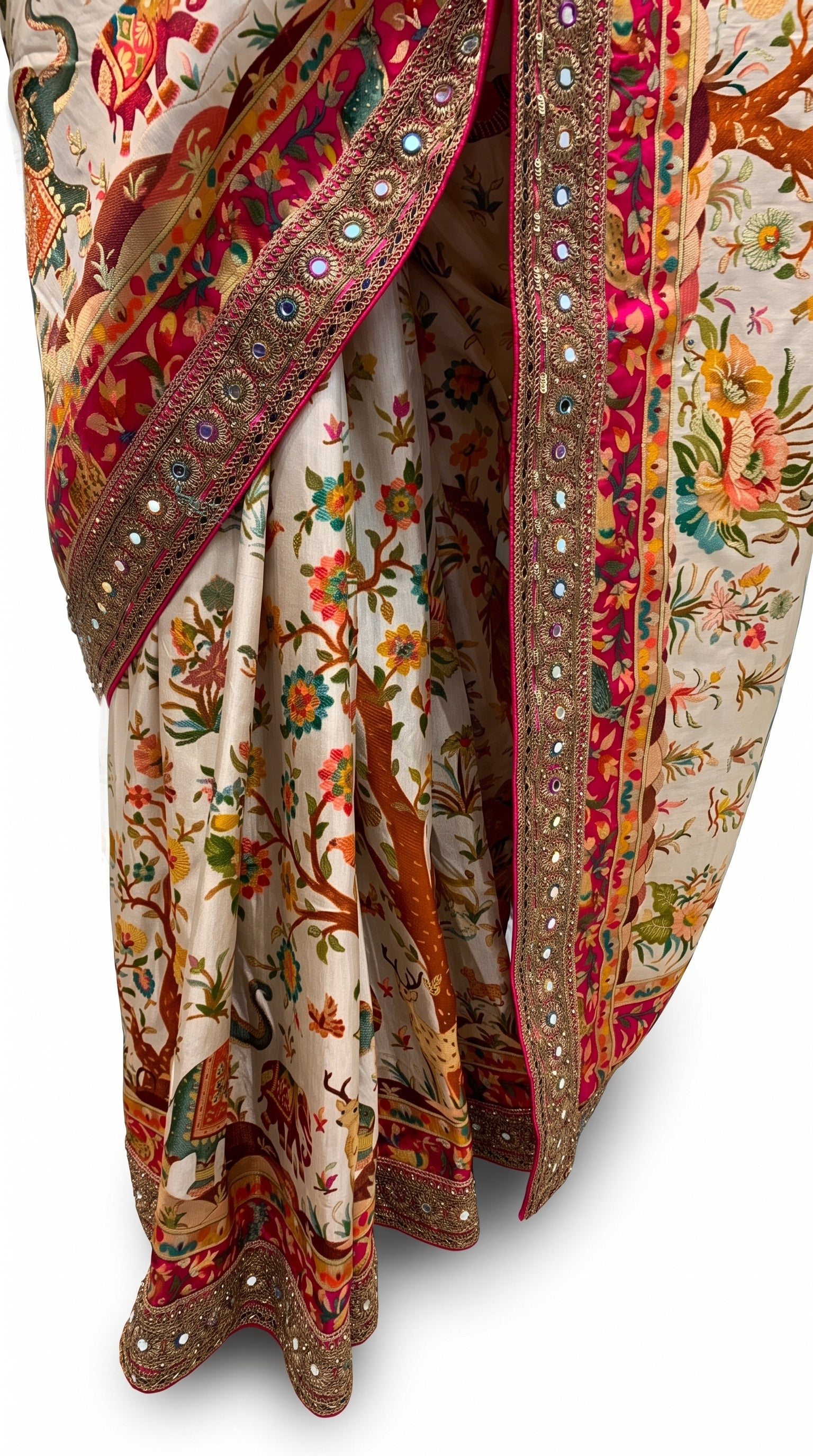 Beige Banarasi Silk Saree Embellished With Cut Dana, Zari,  Sequins & Moti Work