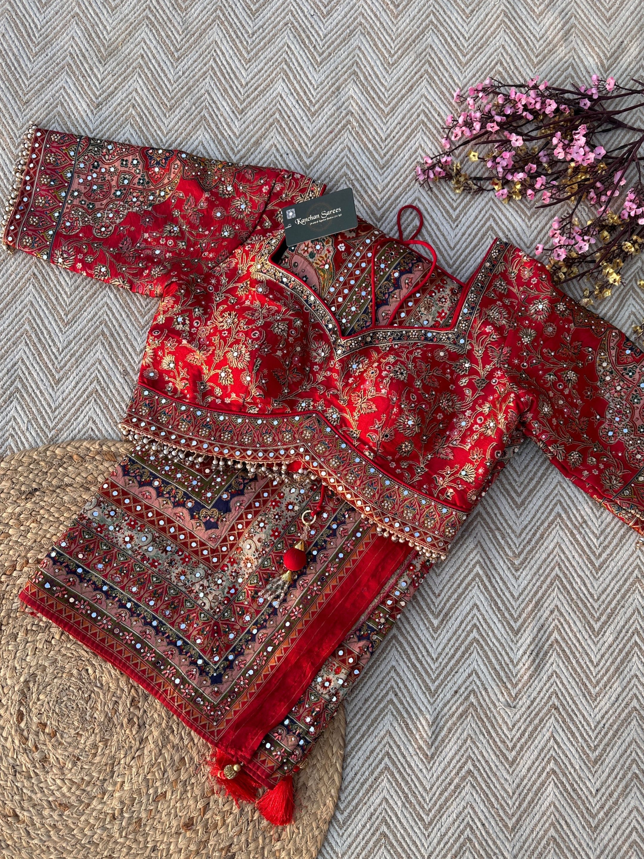Red Silk Saree with Blouse with Mirror and Weaving Embroidery 1