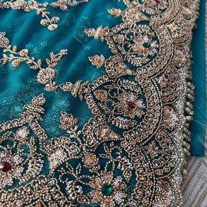 Turquoise Net Saree Embellished With Cut Dana, Sequins & Moti Work