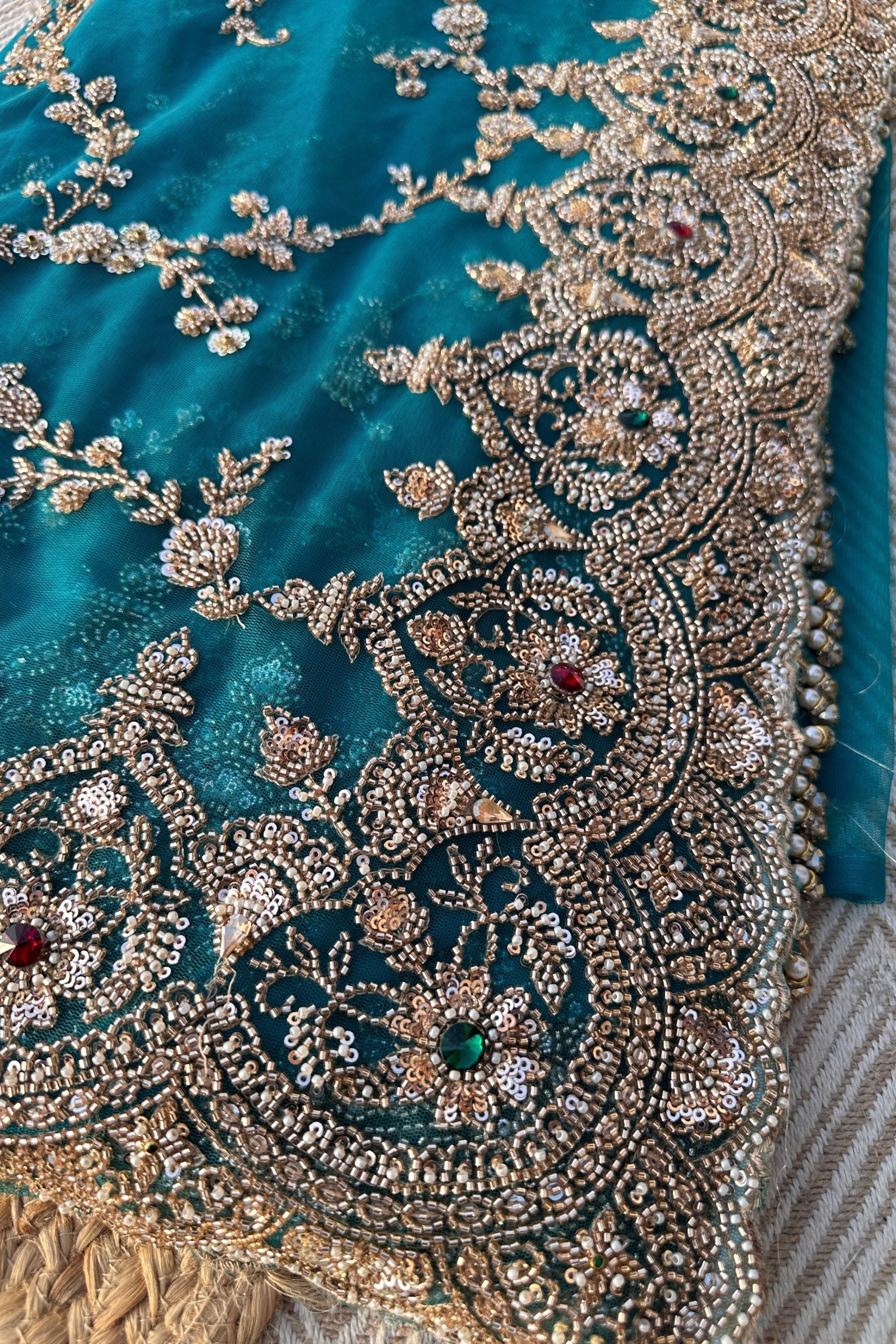 Turquoise Net Saree Embellished With Cut Dana, Sequins & Moti Work