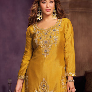 Yellow Chinon Suit Embellished With Cutdana, Sequins & Mirror Work