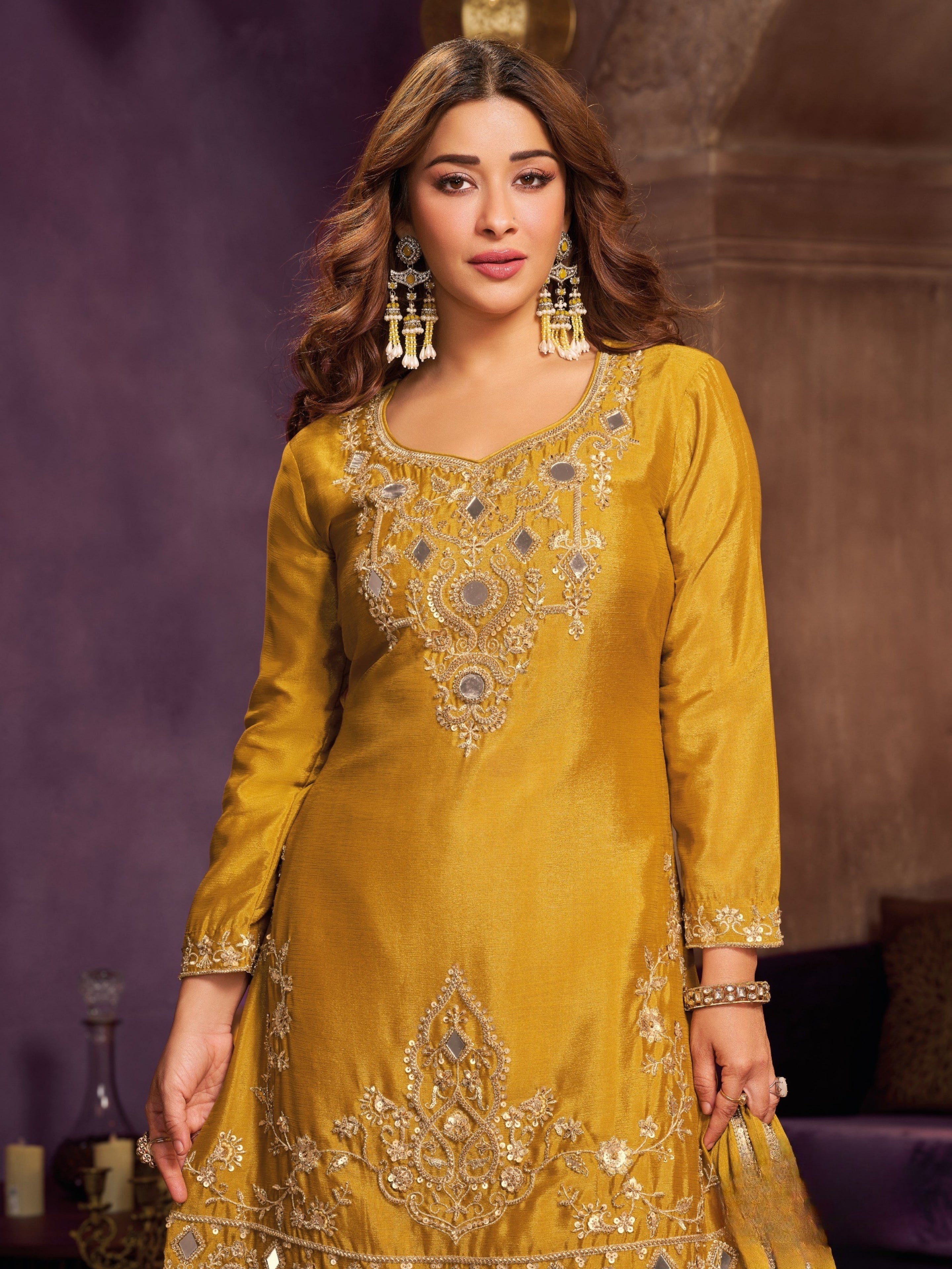 Yellow Chinon Suit Embellished With Cutdana, Sequins & Mirror Work