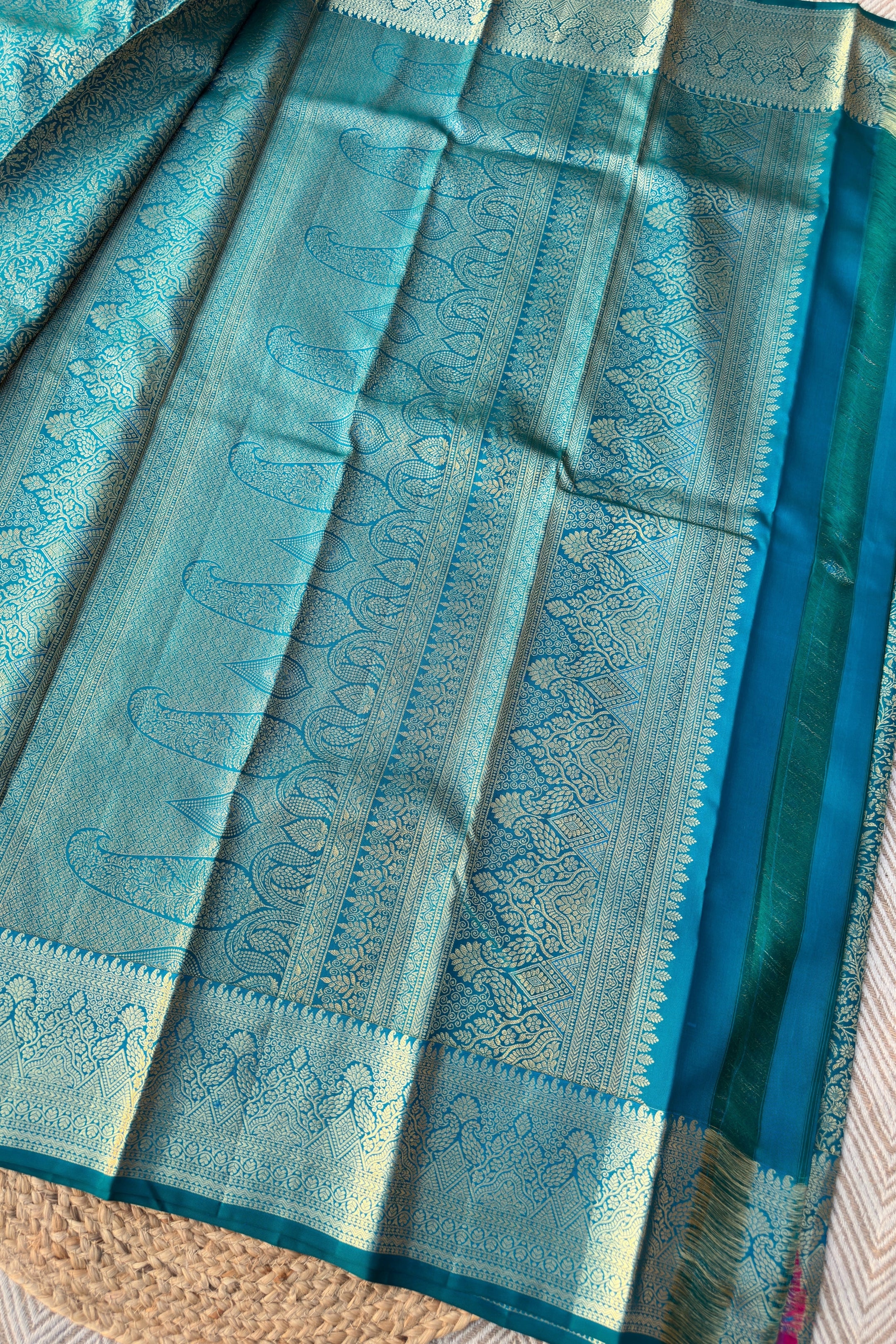 Green Banarasi Kanjivaram Unstitched Saree Embellished With Zari Work