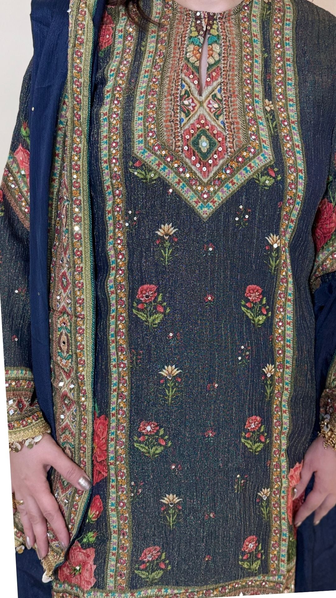 Stylish Blue Flared Palazzo Suit Dupatta in Wrinkle Tissue with Mirror Detailing