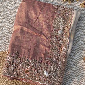 Fawn Tissue Unstitched Saree Embellished With Moti, Sequins, Zari & Cutdana Work