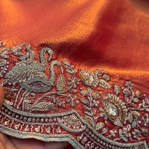 Rani Brocade Unstitched Saree Embellished With Zari, Moti & Cutdana Work