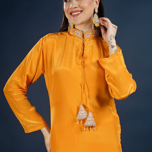Mustard Crepe Indo Western with Cutdana & Sequins Work