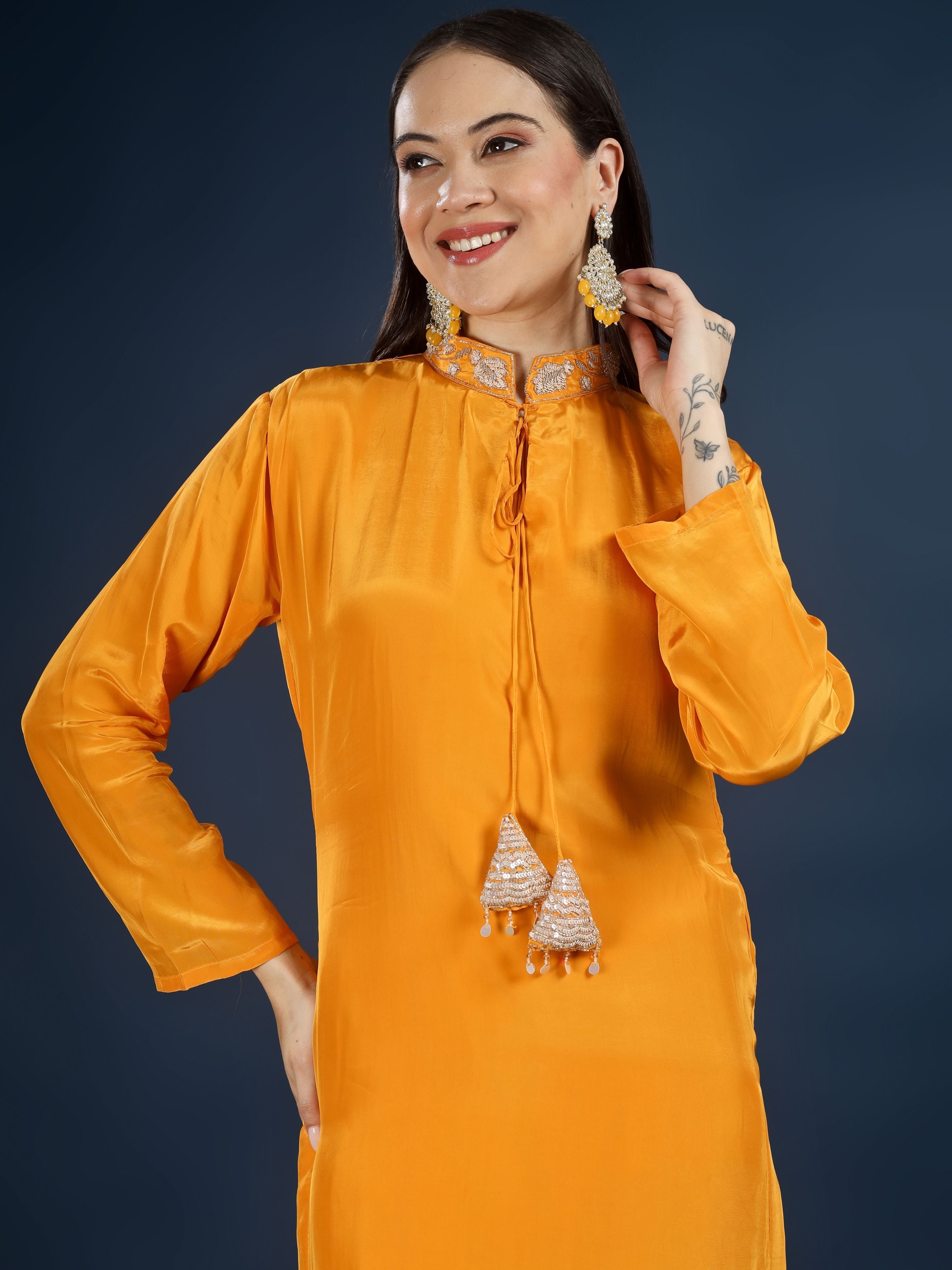 Mustard Crepe Indo Western with Cutdana & Sequins Work