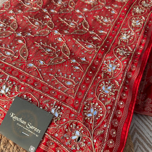 Red Satin Unstitched Saree with Dupatta Embellished with Zarkan, Dabka, Mirror, Sequins & Cutdana work