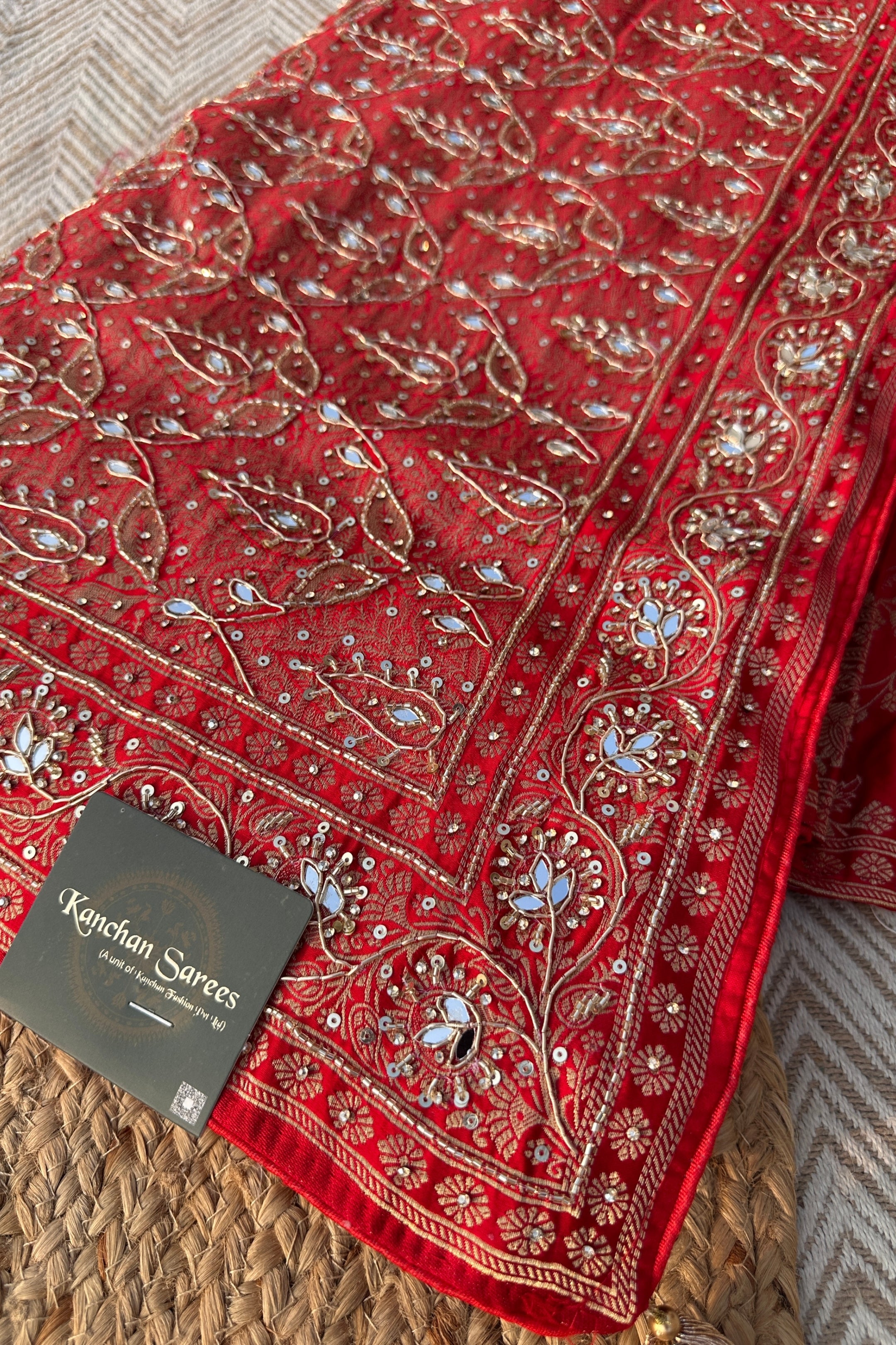 Red Satin Unstitched Saree with Dupatta Embellished with Zarkan, Dabka, Mirror, Sequins & Cutdana work