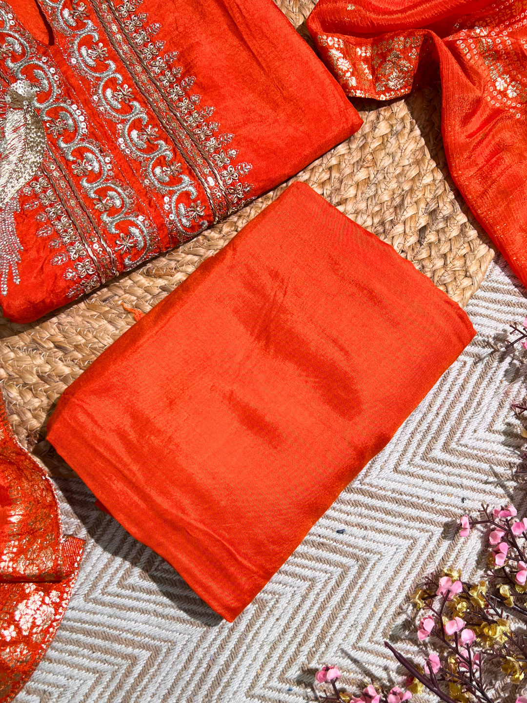 Orange Silk Unstitched Suit with Hand Work Embroidery 2