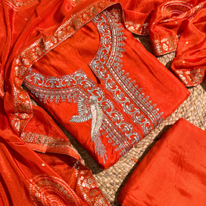 Orange Silk Unstitched Suit with Hand Work Embroidery 3
