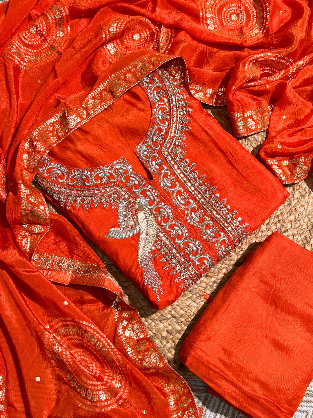 Orange Silk Unstitched Suit with Hand Work Embroidery 3