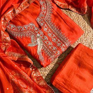 Orange Silk Unstitched Suit with Hand Work Embroidery 4
