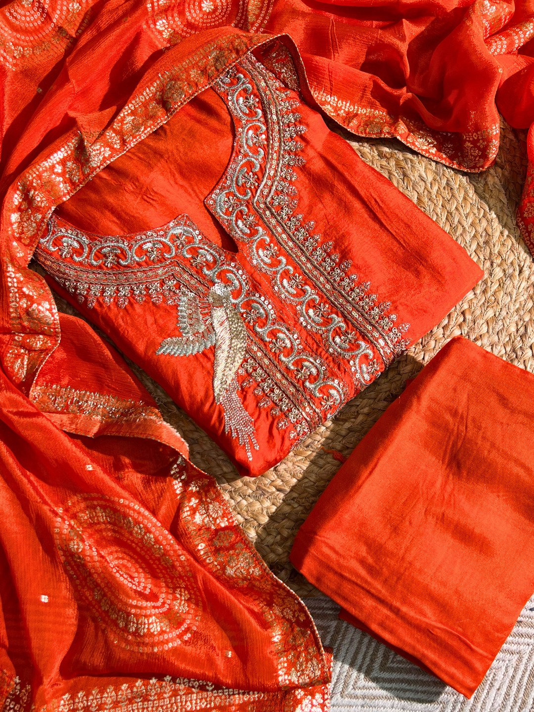 Orange Silk Unstitched Suit with Hand Work Embroidery 4