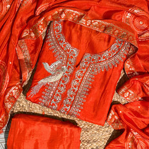 Orange Silk Unstitched Suit with Hand Work Embroidery 5