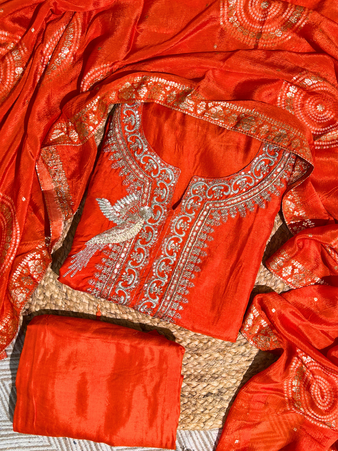 Orange Silk Unstitched Suit with Hand Work Embroidery 5