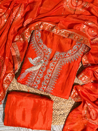 Orange Silk Unstitched Suit with Hand Work Embroidery