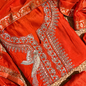 Orange Silk Unstitched Suit with Hand Work Embroidery 6