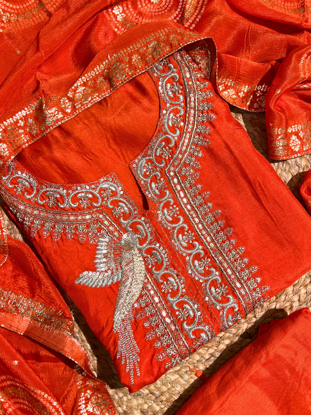 Orange Silk Unstitched Suit with Hand Work Embroidery 6