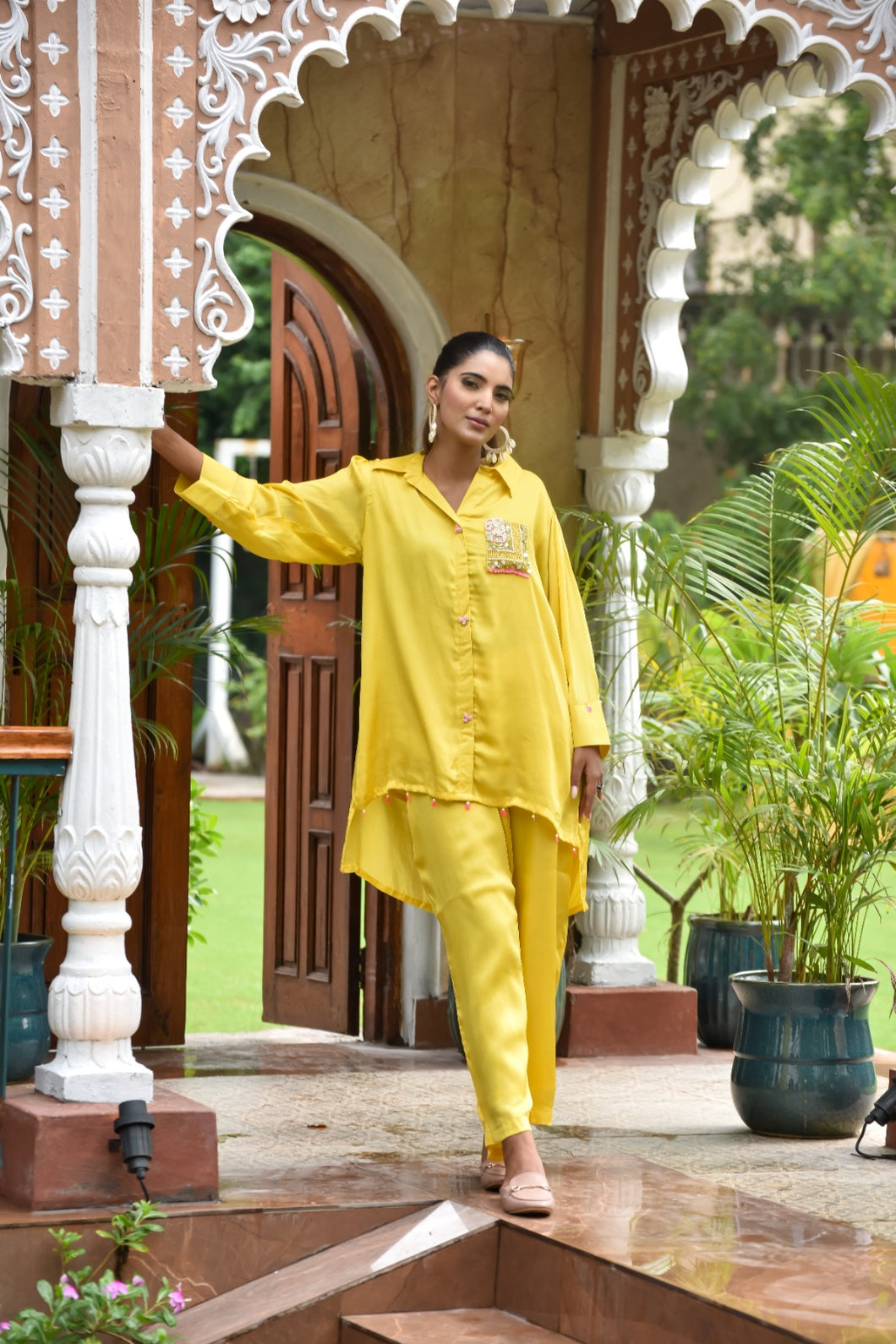 Yellow Silk Co ord Set With Cutdana and Pearl Work