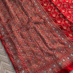 Red Satin Unstitched Saree with Dupatta Embellished with Zarkan, Dabka, Mirror, Sequins & Cutdana work