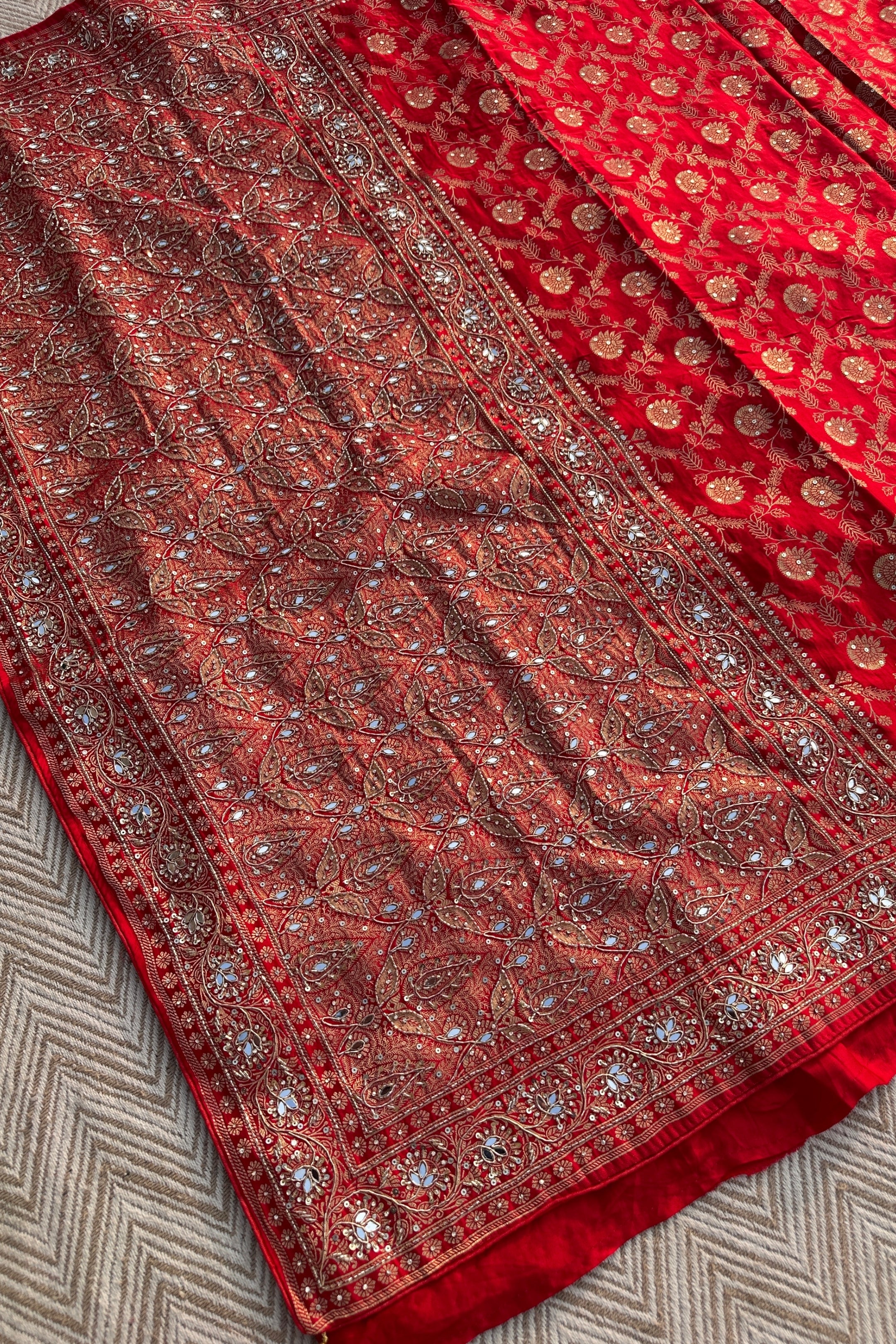 Red Satin Unstitched Saree with Dupatta Embellished with Zarkan, Dabka, Mirror, Sequins & Cutdana work