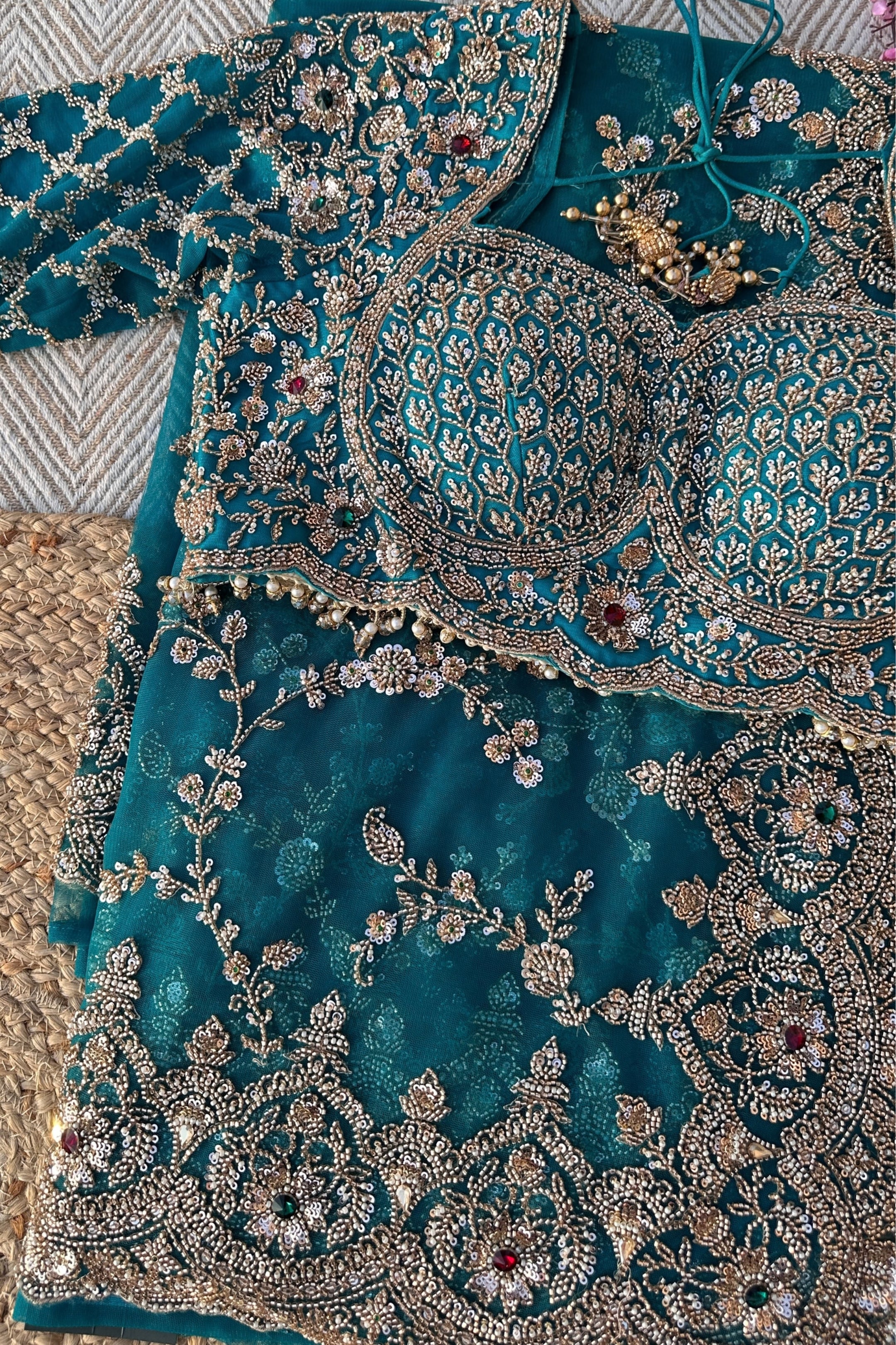 Turquoise Net Saree Embellished With Cut Dana, Sequins & Moti Work