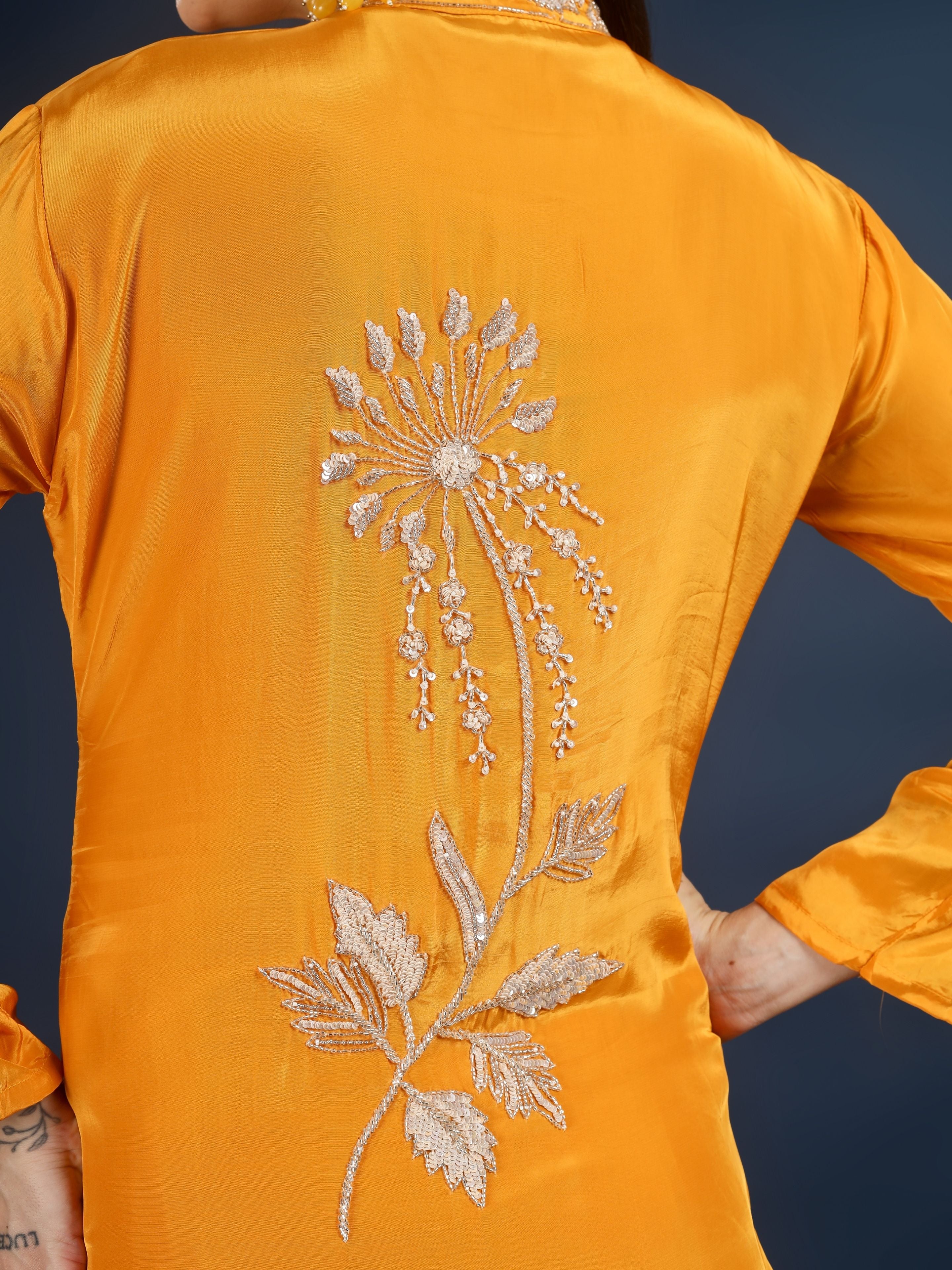 Mustard Crepe Indo Western with Cutdana & Sequins Work