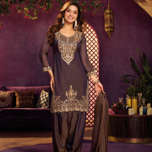 Navy Blue Tissue Suit, Farshi Salwar And Dupatta with Cutdana, Sequins and Zari Work