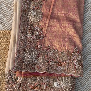 Fawn Tissue Unstitched Saree Embellished With Moti, Sequins, Zari & Cutdana Work