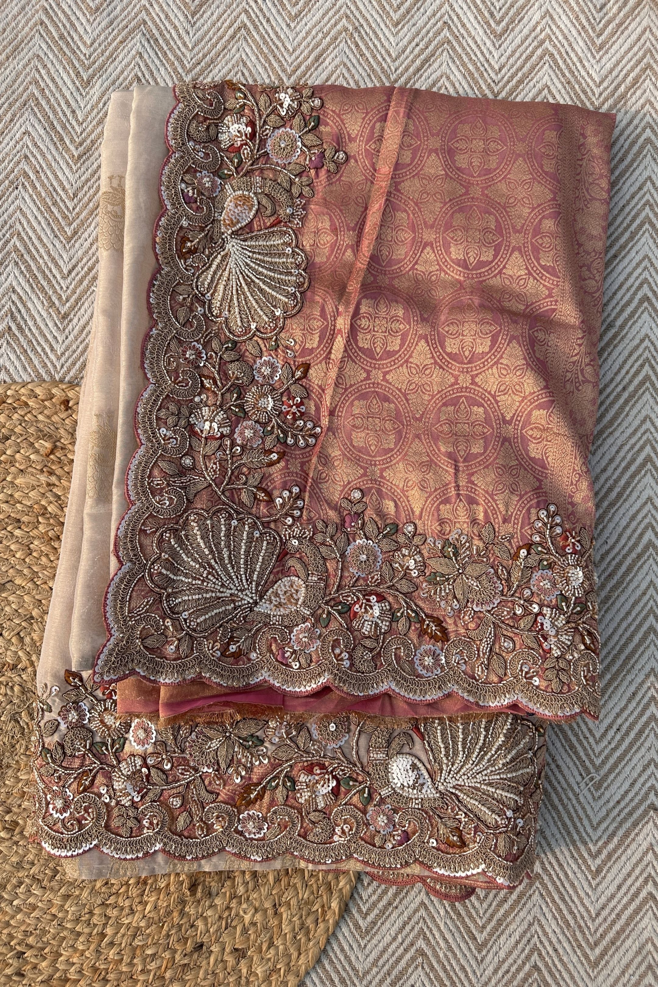 Fawn Tissue Unstitched Saree Embellished With Moti, Sequins, Zari & Cutdana Work