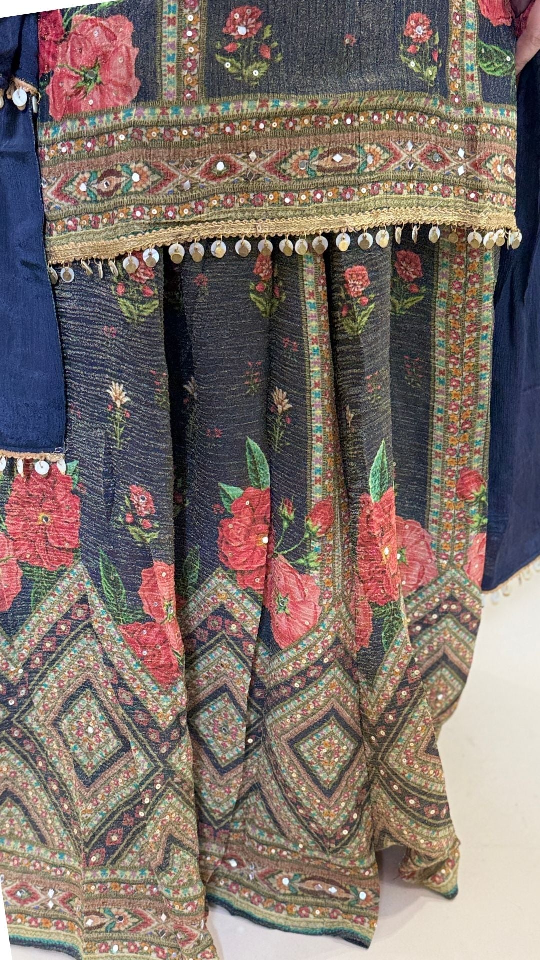 Stylish Blue Flared Palazzo Suit Dupatta in Wrinkle Tissue with Mirror Detailing