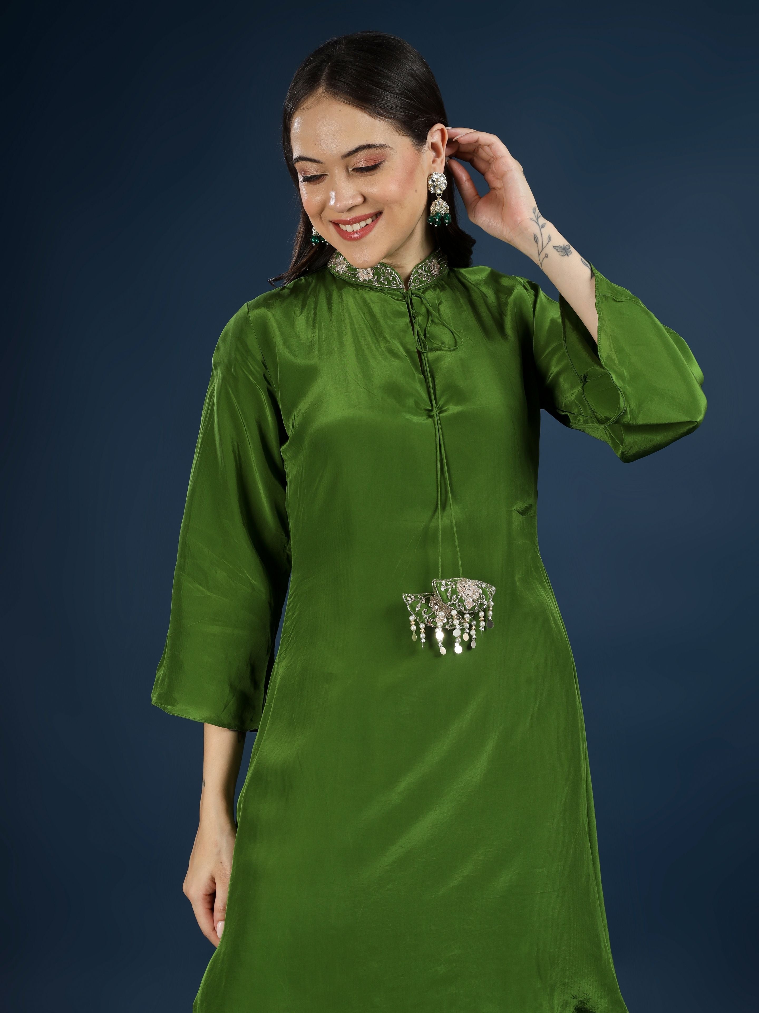 Green Crepe Indo Western with Cutdana & Sequins Work