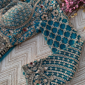 Turquoise Net Saree Embellished With Cut Dana, Sequins & Moti Work